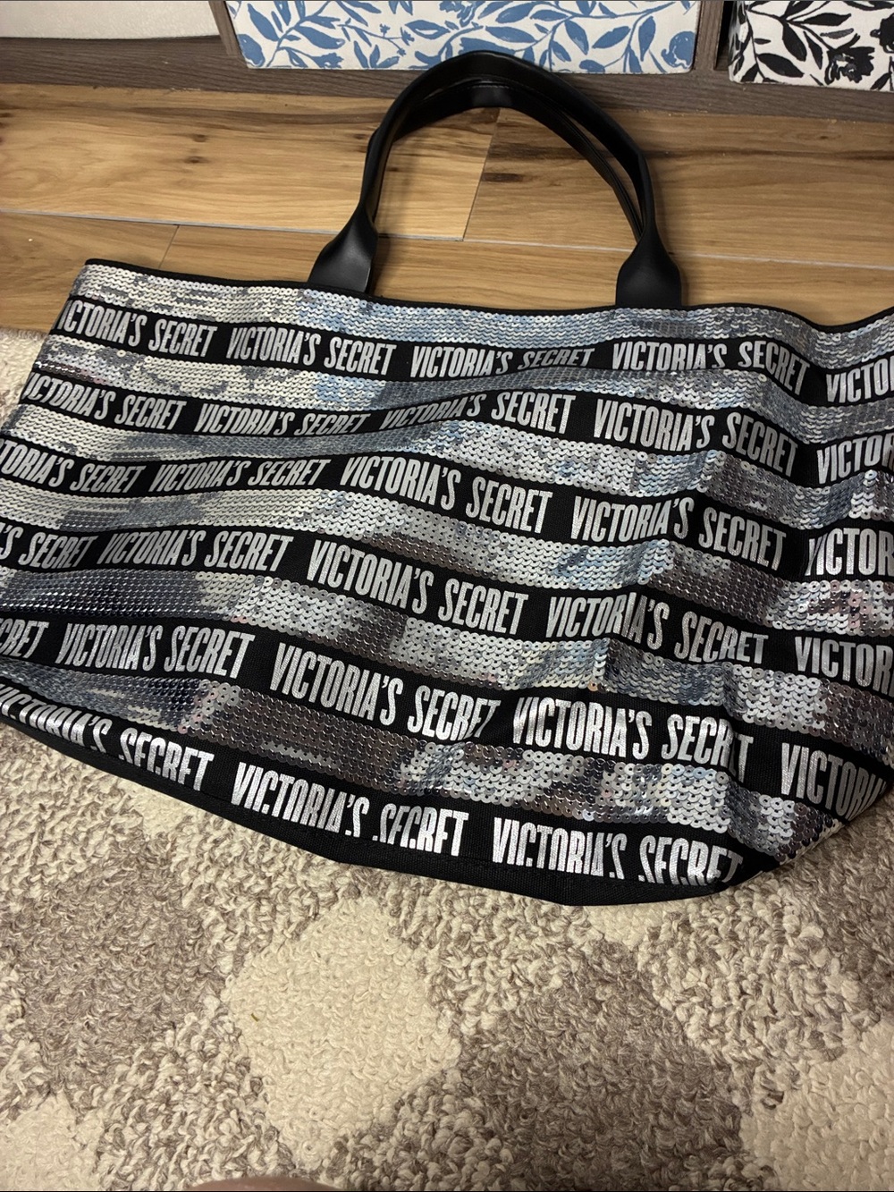 Victoria's Secret Black and Silver Sequin Stripe Tote